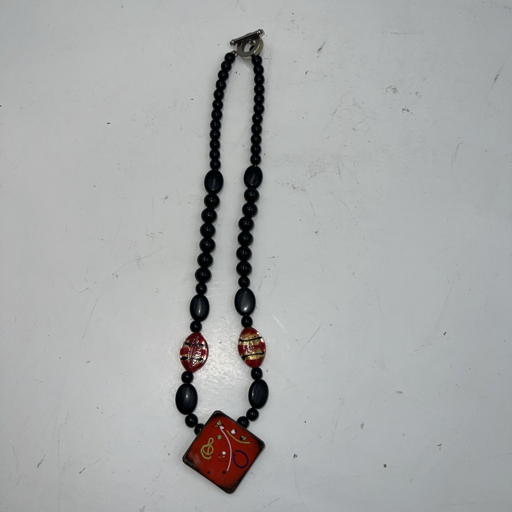 Art glass With Black Beads and pendant‎ necklace Vintage